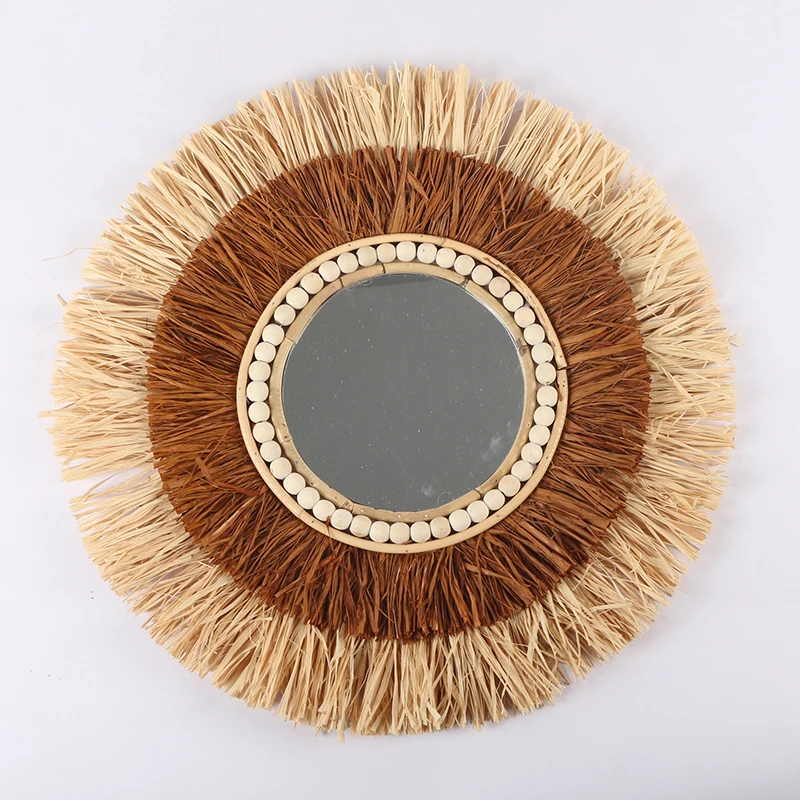 Best sale Bohemian hand Woven  Raffia mirror wall hanging for home Wall decoration
