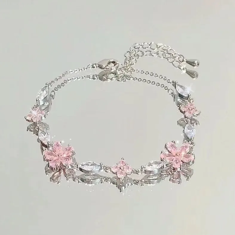 Sparkling Cherry Blossoms Butterfly Bracelet Women Fashion Temperament Wave Zircon Moon Flower Adjustable Bracelet Jewelry Gift