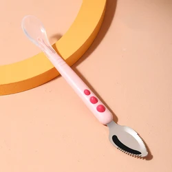 Baby Feeding Fruit Stainless Steel Double Head Spoon Baby Food Grade Silicone Fruit Puree Spoon