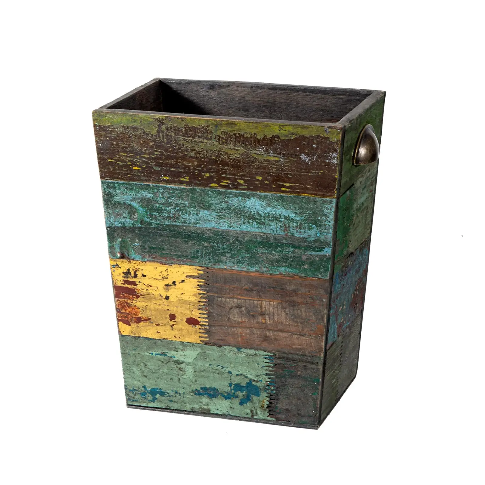 Wholesale Rectangular Garbage Can Wood Trash Can Waste Basket Rustic Distressed Boho Wooden Trash Bin with Metal Handles
