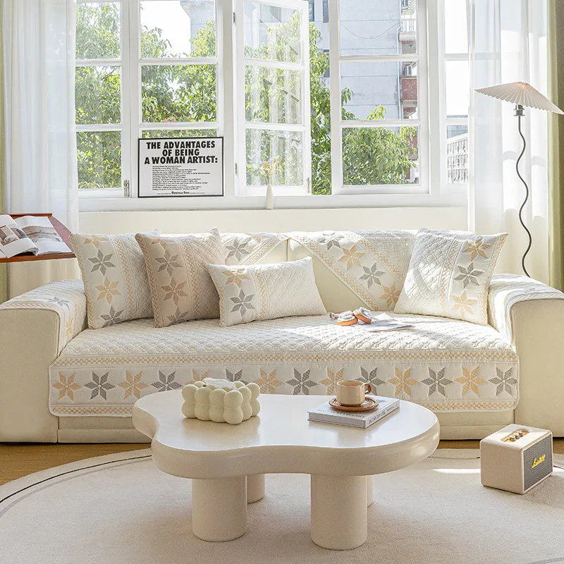 Simple Modern Nordic Four Seasons Embroidery Sofa Cushion Universal Non-Slip Cover Cloth Towel Solid Color Fabric Slipcovers