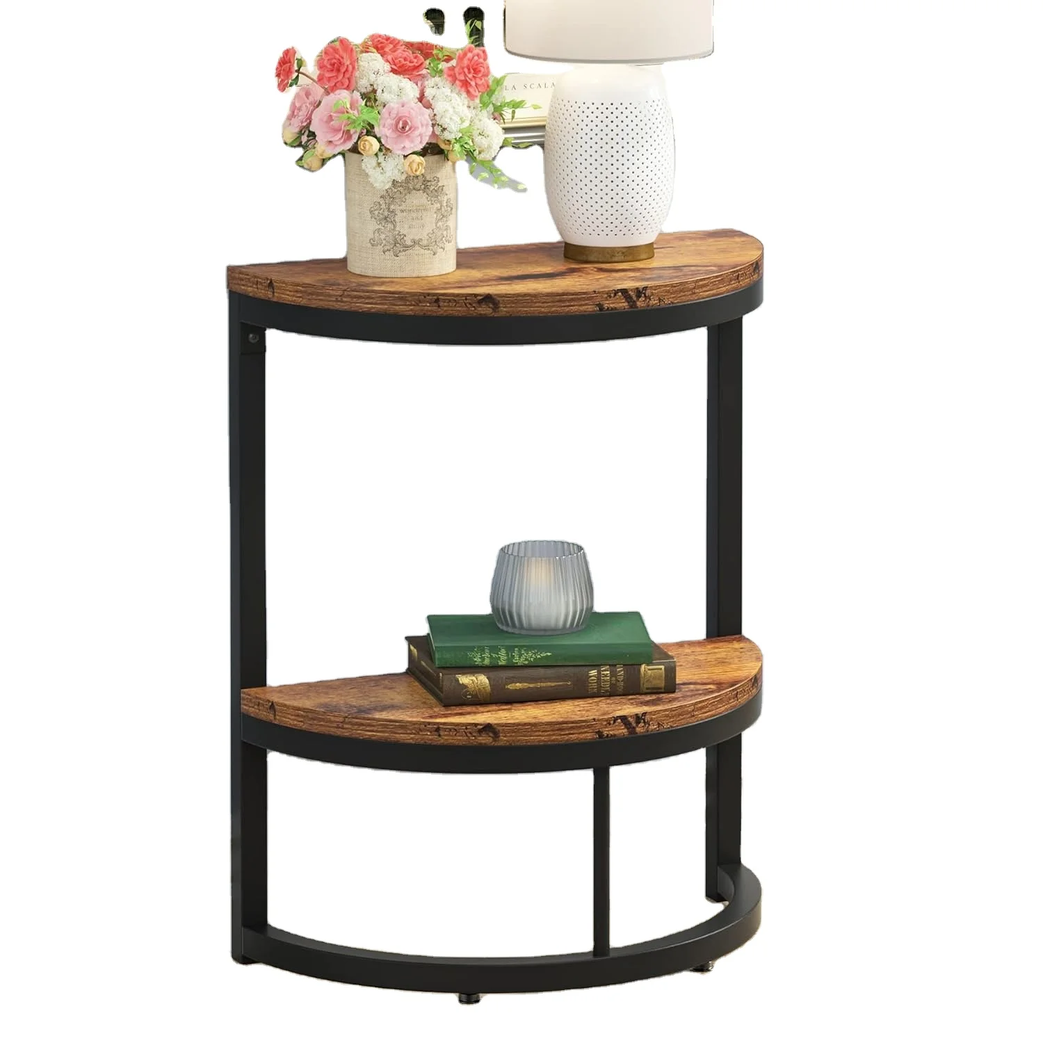 Двухуровневый полукруглый маленький столик с полкой для хранения деревянный стол акцента тонкий дивана