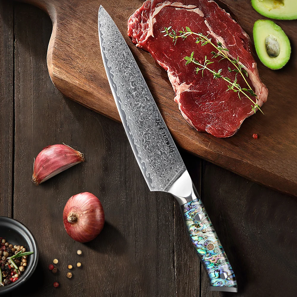 Professional VG10 Damascus Steel Kitchen Chef Knife with Abalone Handle