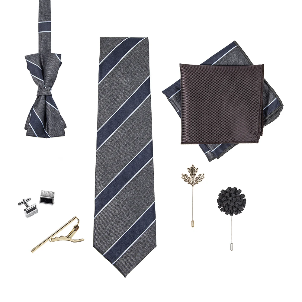 8pcs Gray Navy White Stripe Polyester Neckties Set Includes Bowtie Pocket Square Flower Lapel Metal Pin Cufflink and Tie Bar