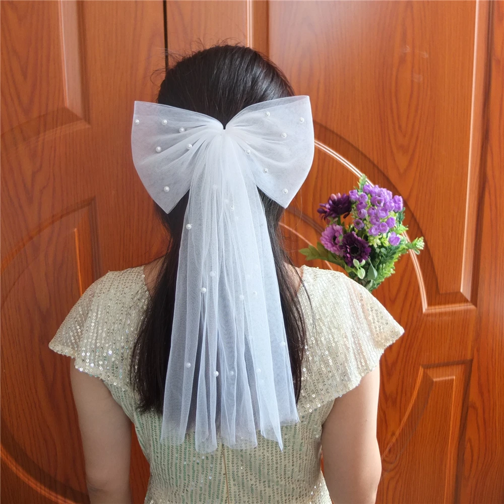 Party Decorations Tulle Bow Hair Barrettes Bridal Veils Bride Bridesmaid Favors Pearl White Hair Bow Clips Wedding Accessories