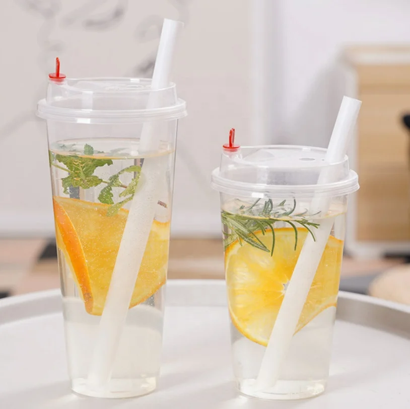 16oz 22oz Injection PP Plastic Boba Tea Cup with Lids and Straw PLA Biodegradable for Drinking Bubble Tea with Sealing Film