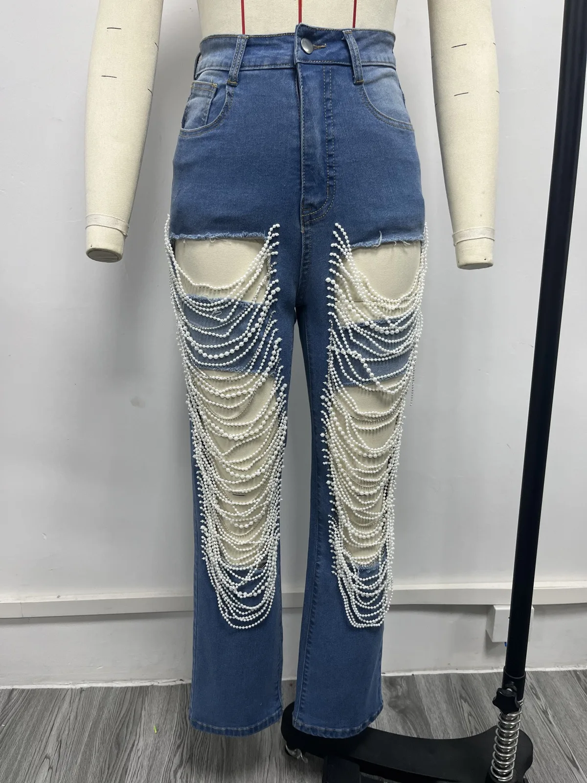 GX4002 Fashion Street Wear Women Hollow Out pearl Jeans Pants Denim Trousers