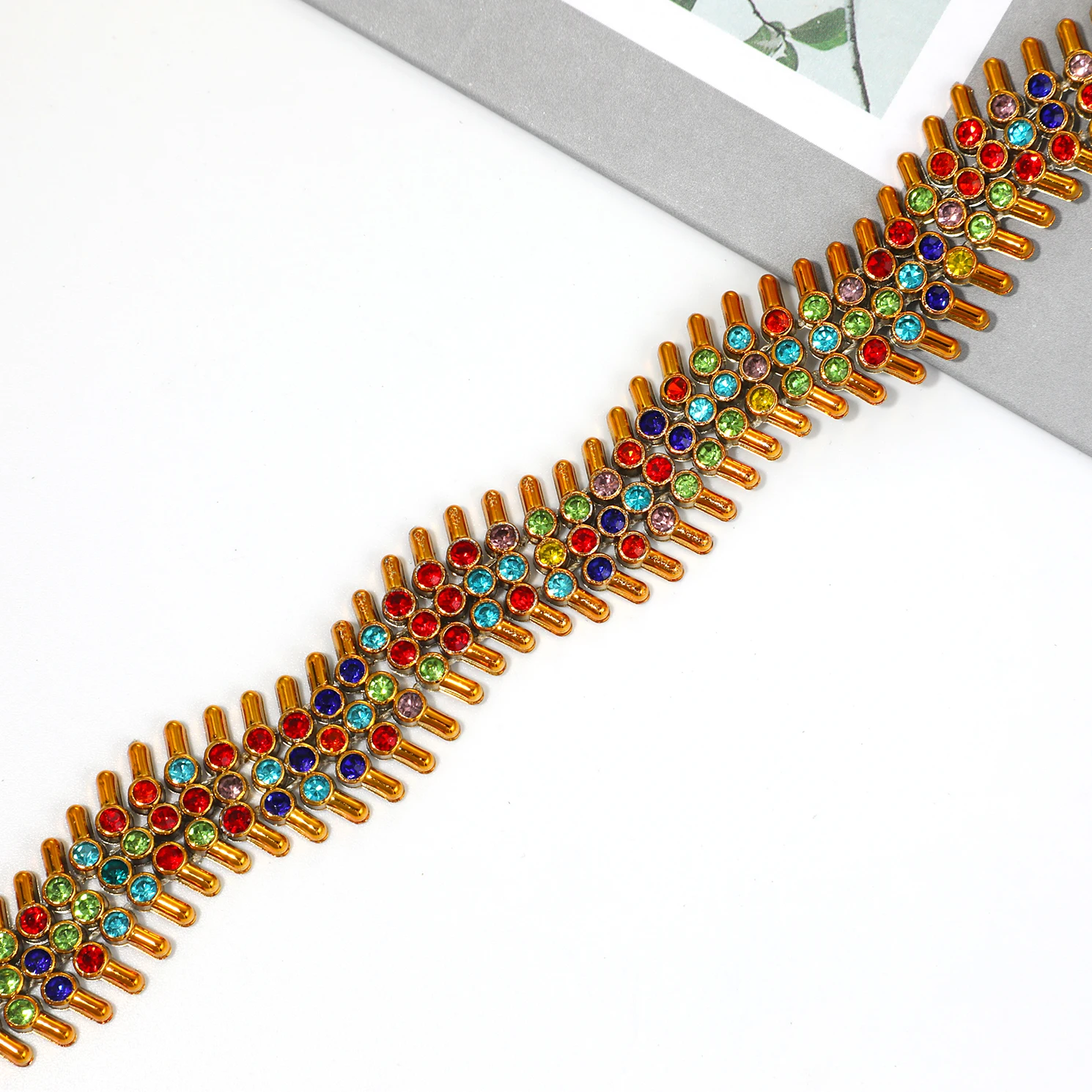 Gold Colorful Crystal Chain Trim Rainbow Rhinestone Fishbone Wedding Dress Applique Bridal Costume Decoration DIY Sewing Craft