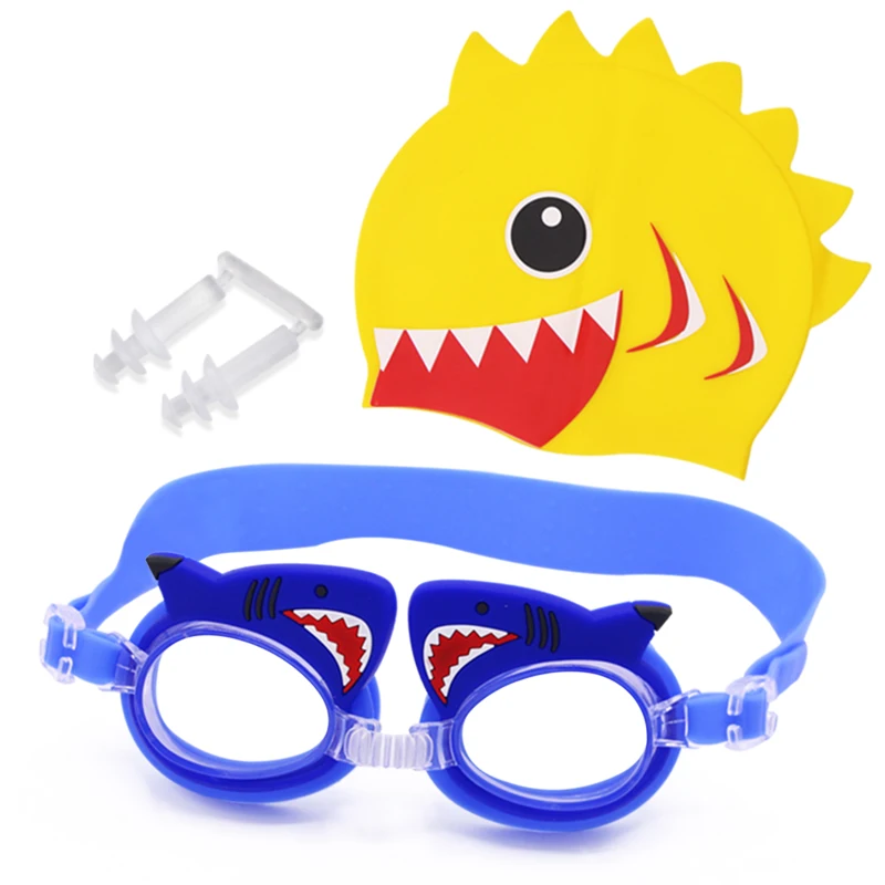 Custom Logo Swimming Suit Goggles Swim Cap Nose Clip Ear Plugs Cartoon Waterproof No Leaking Anti-Fog Swimming Set For Kids