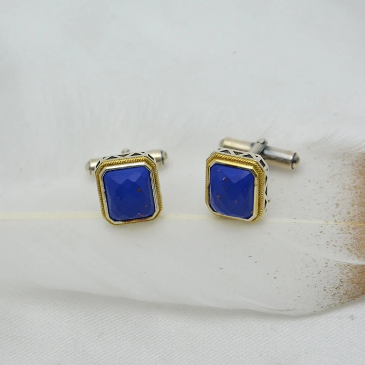 Hot Sale Men Cufflink 925 Silver  Lapis Lazuli Dress Shirt Cuff Buckle Custom for men  Tie Clips or cuff links