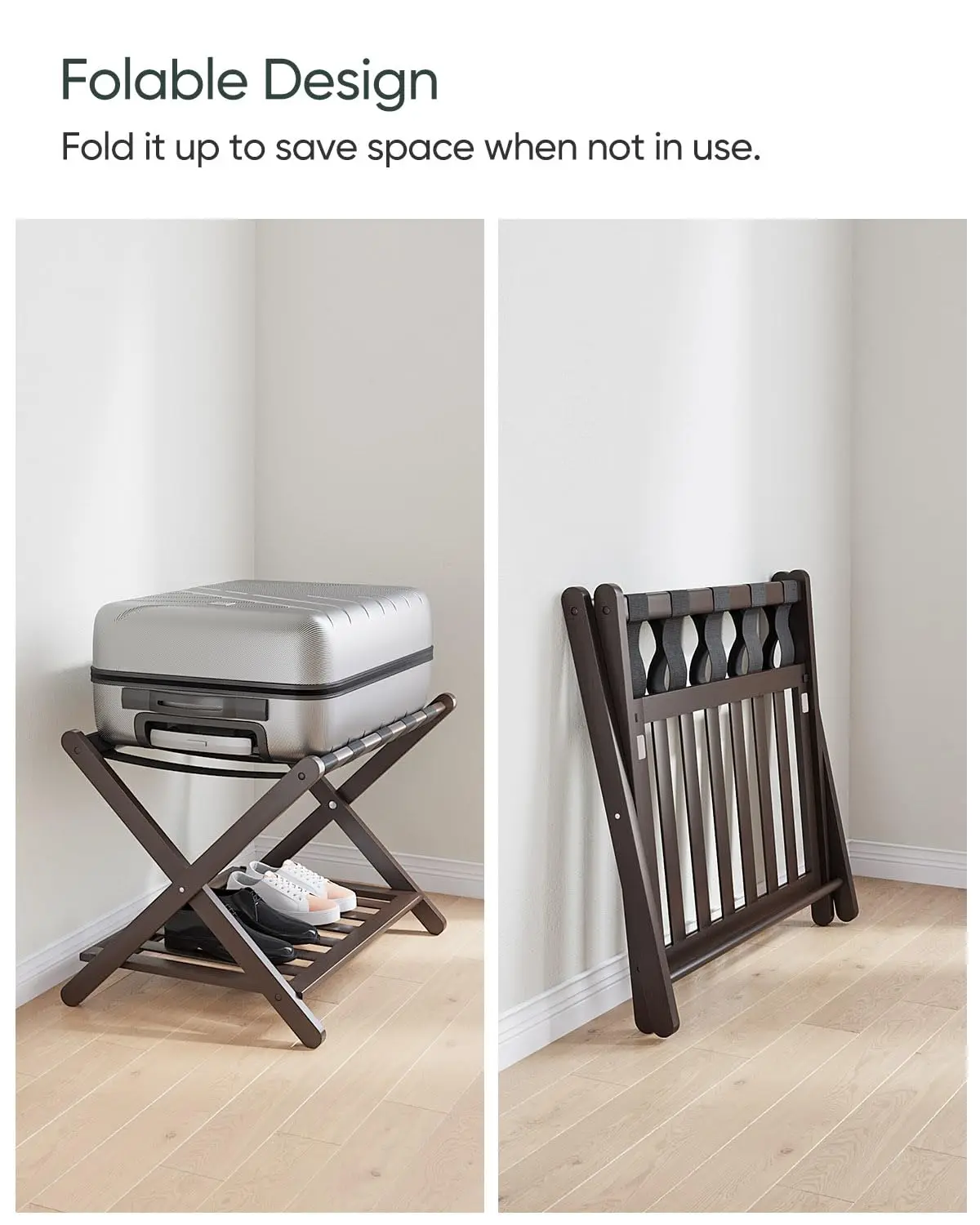 Bamboo 2-Tier Foldable Luggage Rack Brown Fully Assembled Luggage Shelf Heavy Duty Durable Wood Luggage Rack Stand