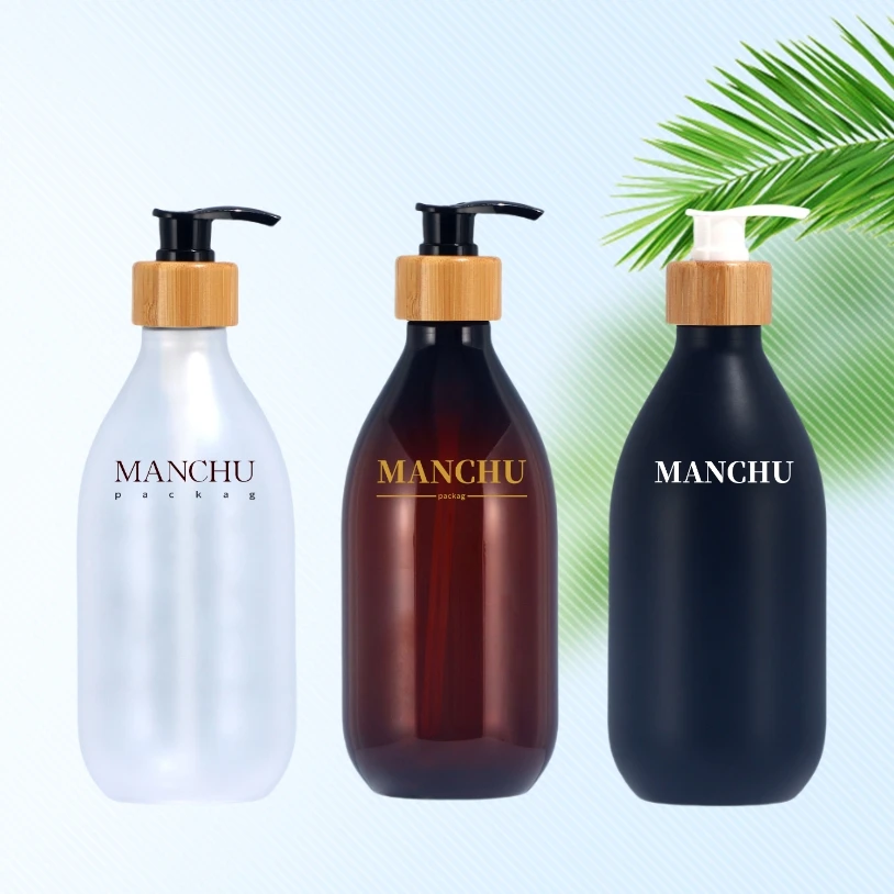 Good Quality 500ml Pump Lotion Bottle Matte black Shampoo Body Wash Container Wholesale Plastic Packaging with bamboo pump