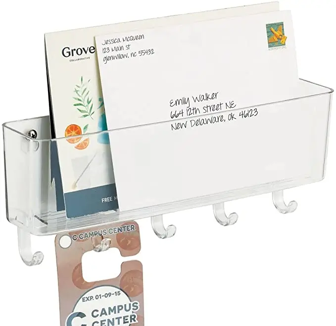 2022 Hot Sell Decorative Acrylic Mail Holder for Wall with 5 Key Hooks Wall Mounted Key Holder with Top Mail Storage Basket