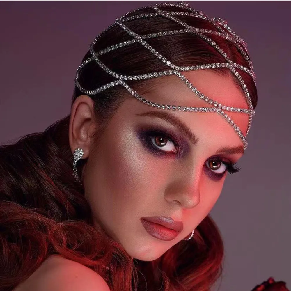 2021 Hollow Rhinestone Mesh Headpiece Wedding Head Chain Jewelry for Women Luxury Crystal Headband Head Hat Hair Accessories