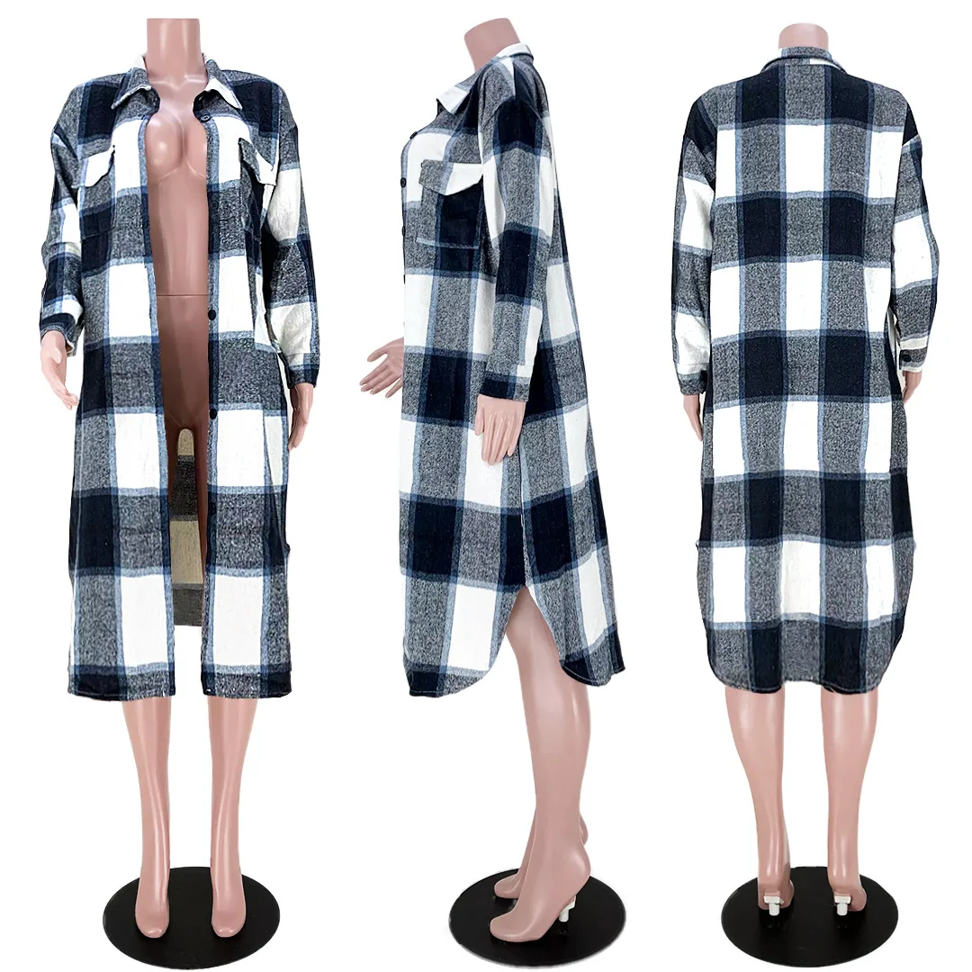 2021 Fashion Winter Outwear Women Clothing Pocketed Grid Pattern Overcoat Knit Cardigan Long Trench Coat