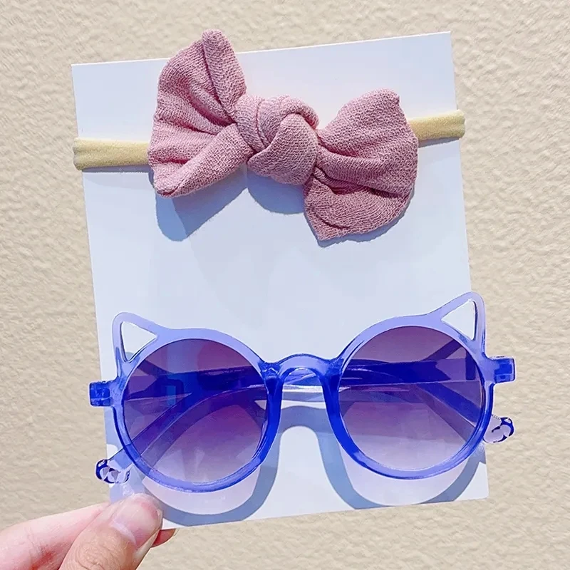 Low Price 2Pcs/Set Sunglasses With elastic hair bands Nylon Baby Headband Cat Eye Sun Glasses Kids Puff Bow Headwear