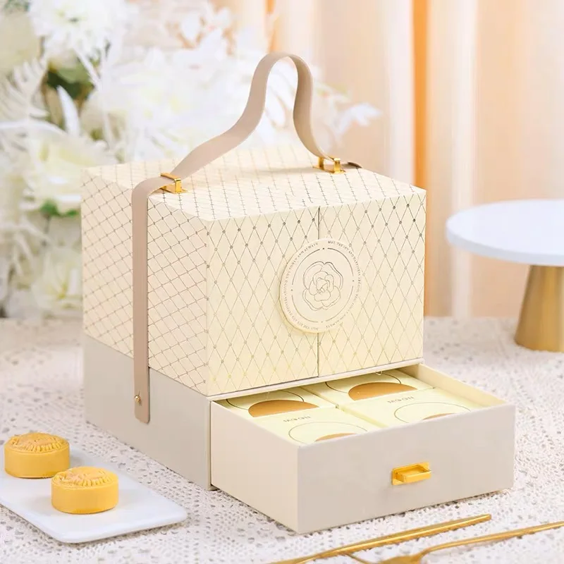 Fancy Printed Moon Cake Box High Quality Recycled Luxury Mooncake Packaging Gift Box with Handle