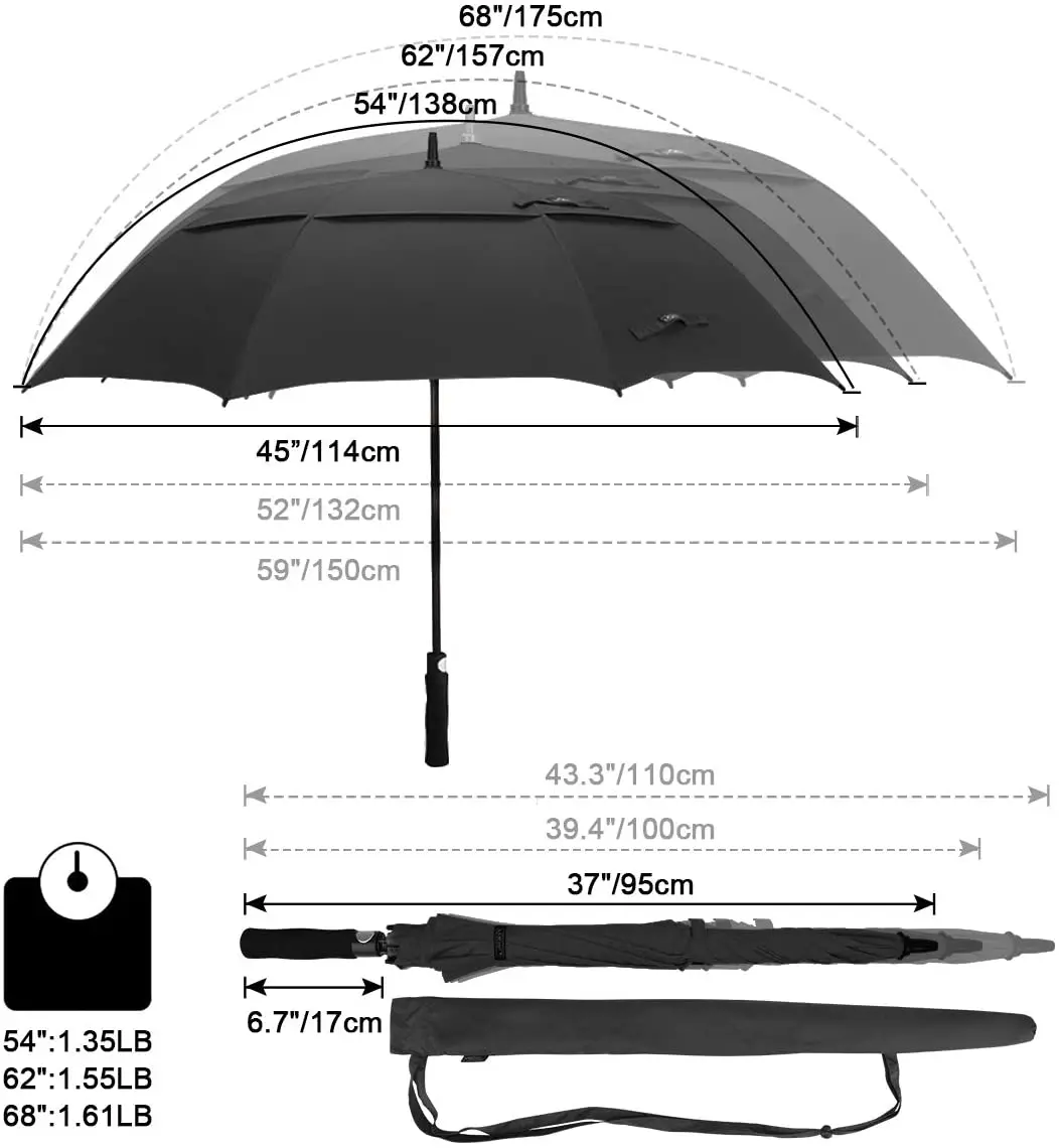 54/62/68 Inch Automatic Open Golf Umbrella Extra Large Oversize Double Canopy Vented Windproof Waterproof Stick Umbrellas