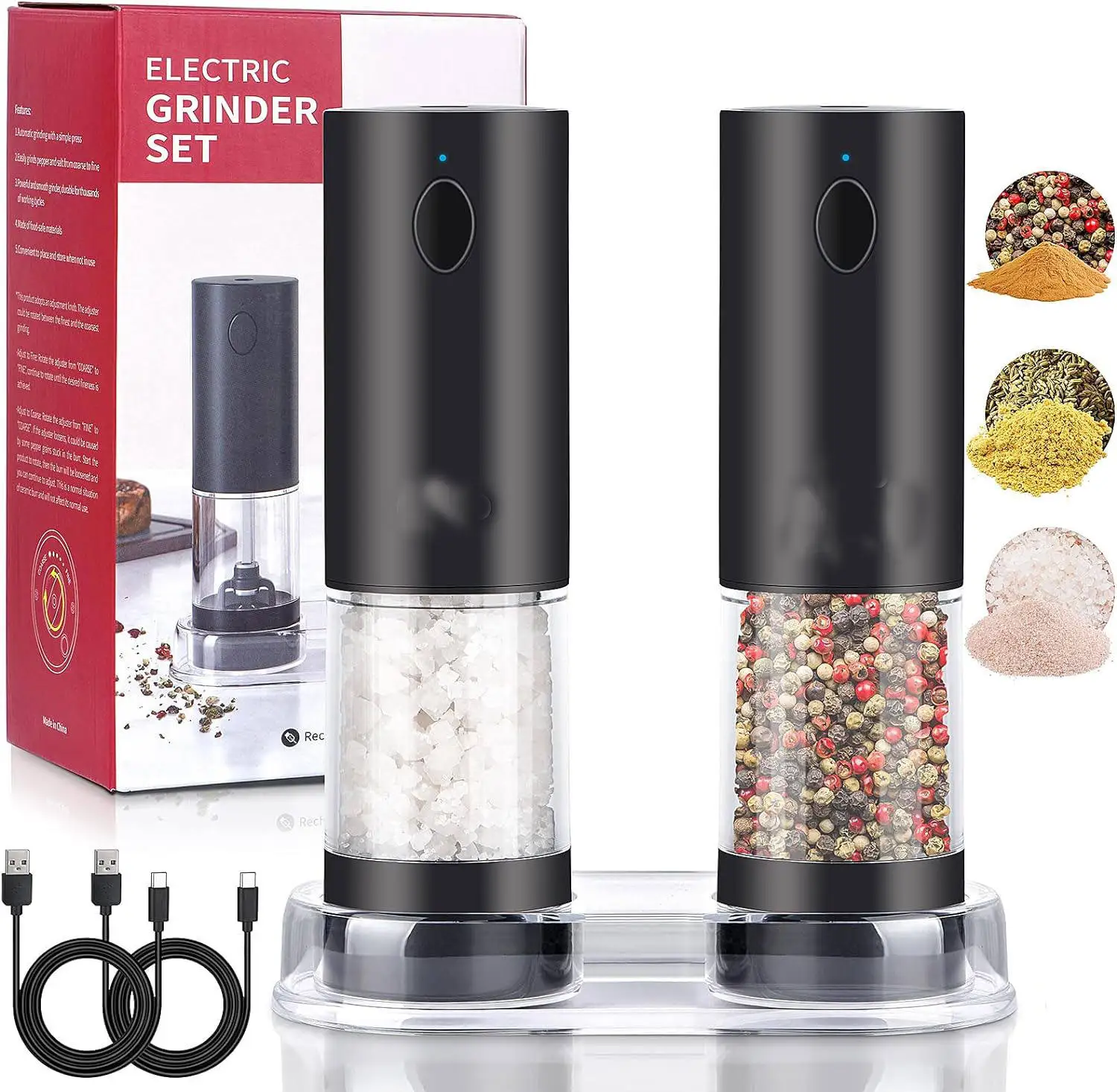 Electric Salt and Pepper Grinder Set USB Rechargeable with Warm LED Light Automatic Salt Pepper Mill Grinder for Kitchen