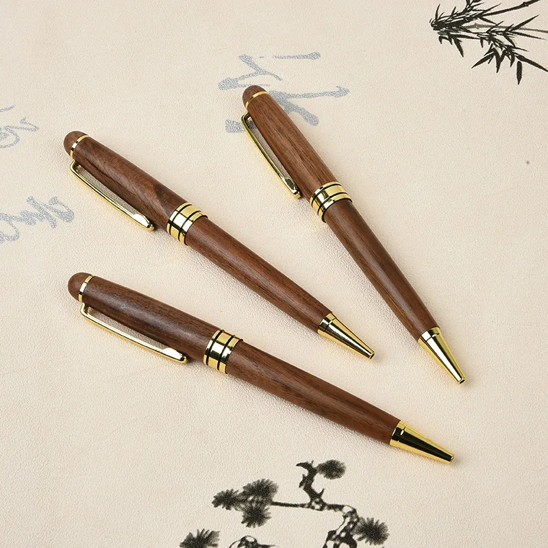 luxury Environmental Friendly Gift Twist Up Bamboo Stationery calligraphy Pen With Fishing Logo Walnut Wooden Ball Pen And Box
