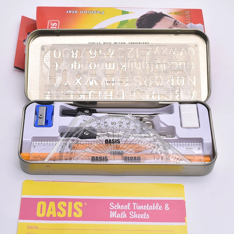 Бесплатный образец, хорошее качество, набор для школьного рисования, школьный ученический математический набор, компас, линейки в жестяной коробке