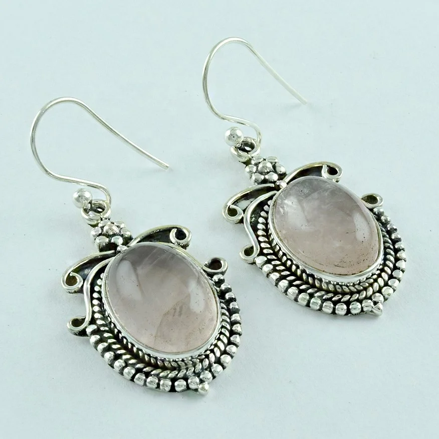 
Light Colour rose quartz Stone With Rava Design 925 silver earring 