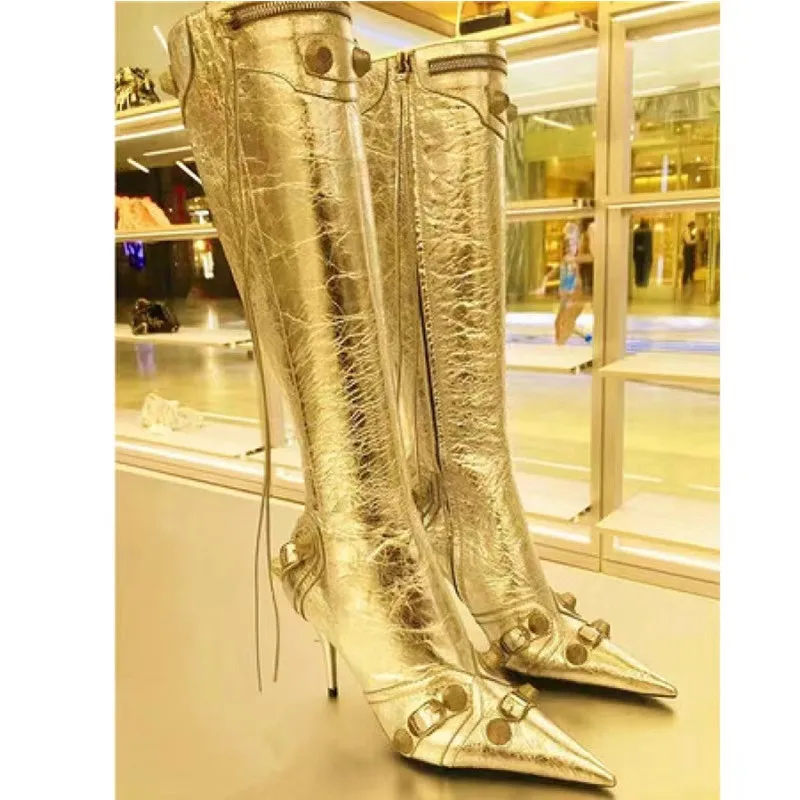 2024 New pointed tassels with fashion long boots for women with metal spikes and high heels