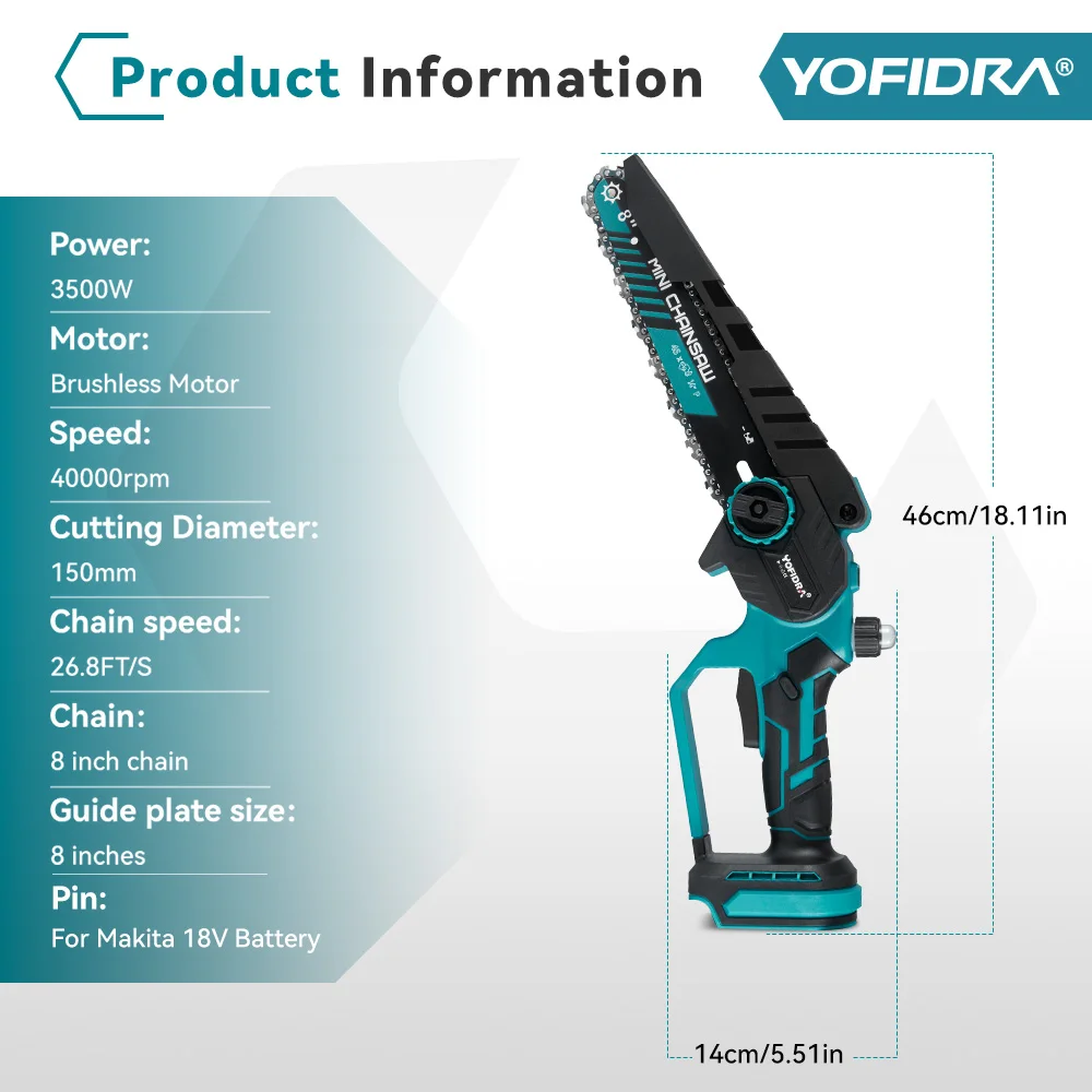 Yofidra  8 inch Brushless Chainsaw Bare Machine Makita Blue with Plastic Case for 18v Battery with Digital Display Mini Chainsaw