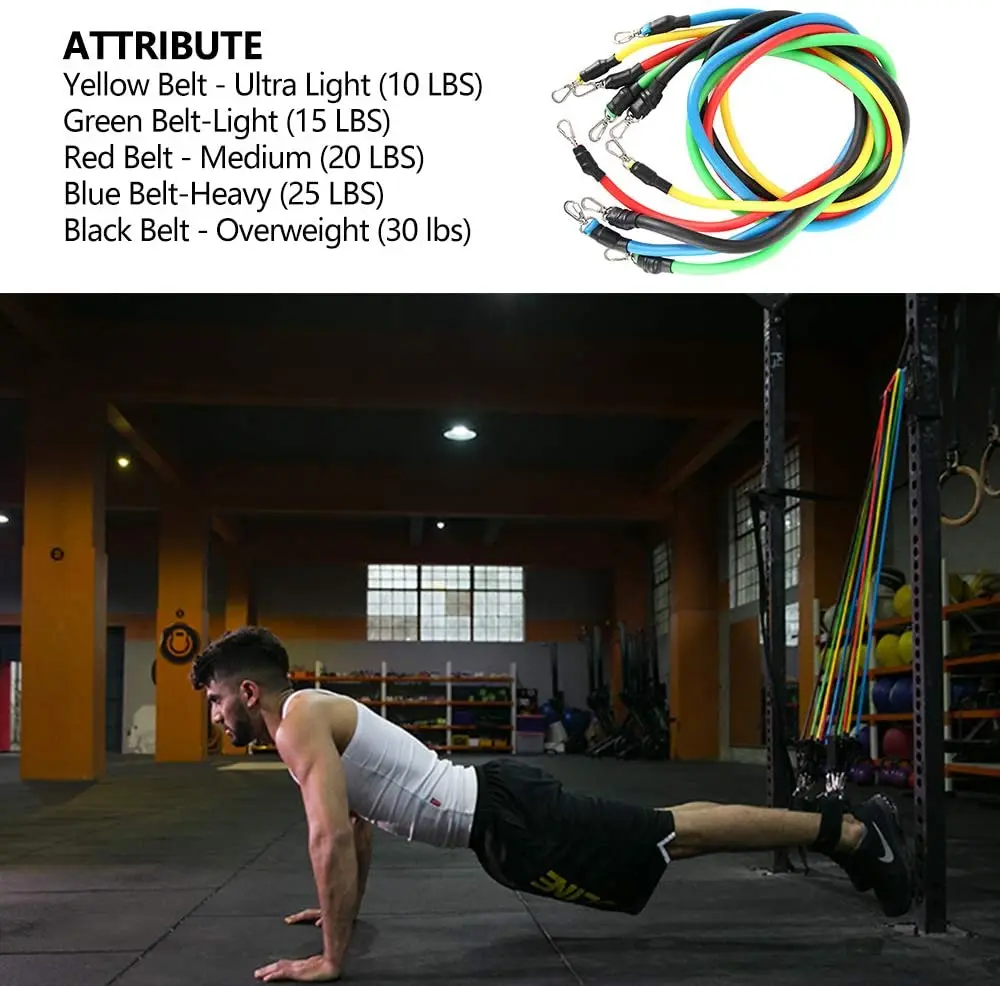 11 Pieces Exercise Fitness Resistance Bands Set Latex Bodybuilding Elastic Pull Rope Strength Training for Pilates, Rehab, Yoga