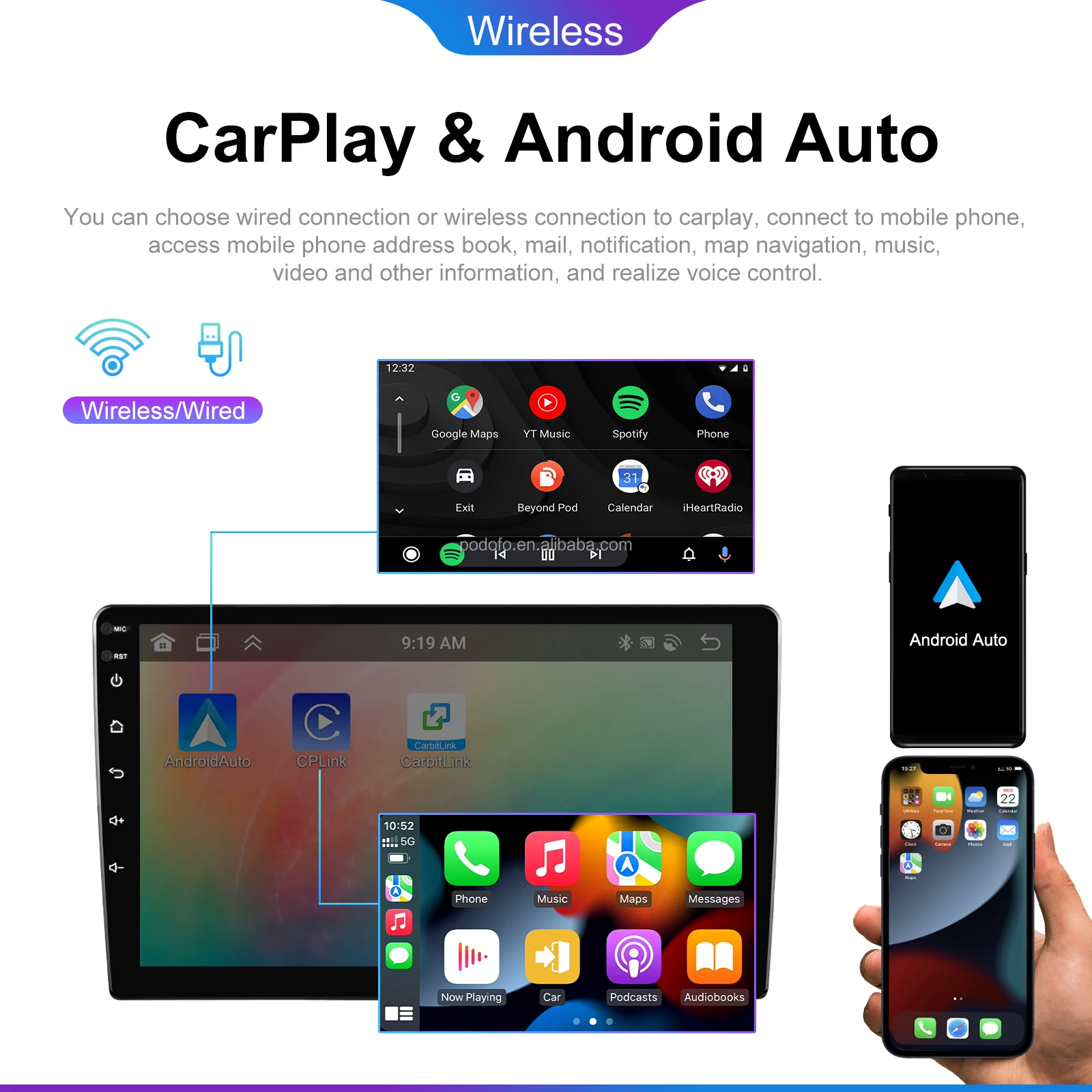 Podofo Android Car Stereo 4+64G 9' Carplay Android Auto For Nissan Infiniti ESQ/Nissan JUKE 2014 IPS DSP GPS RDS WIFI Wholesale