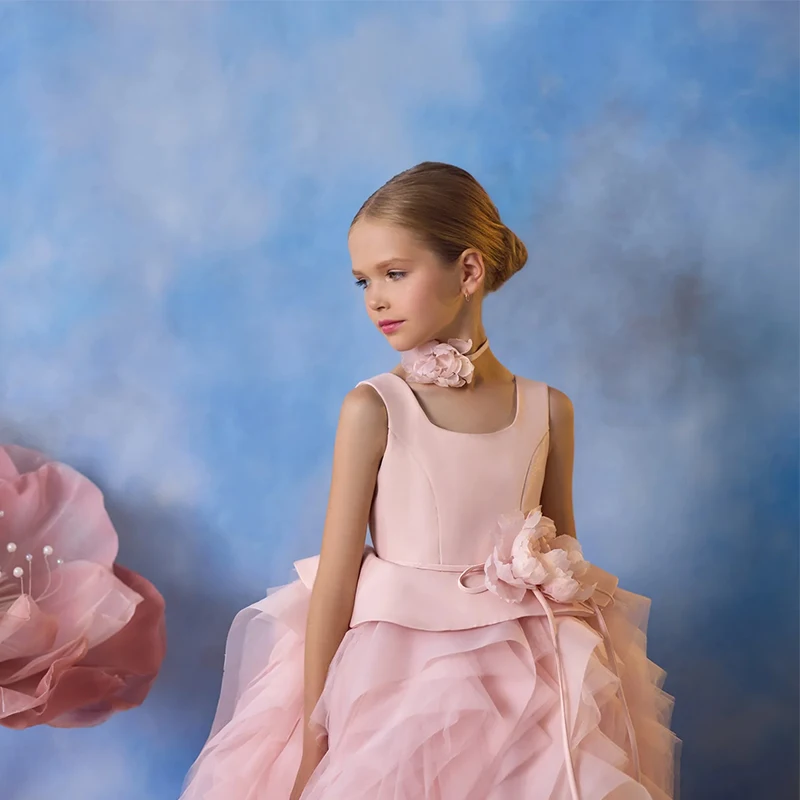 Solid Color Custom Ruffle Flowers Sleeveless Irregular Kids Luxury Flower Girls Dresses Birthday Party Princess Dress For Girl