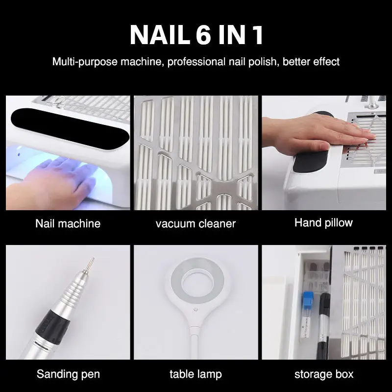 Profession 6 in 1 Combine Function Vacuum Nail Drill Dust Collector with LED Table Nail Lamp