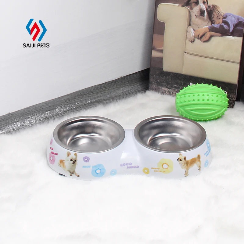 Hot dual use pet dog cat drink water feeder bowl print melamine and stainless steel removable easy clean pet feeder double bowl