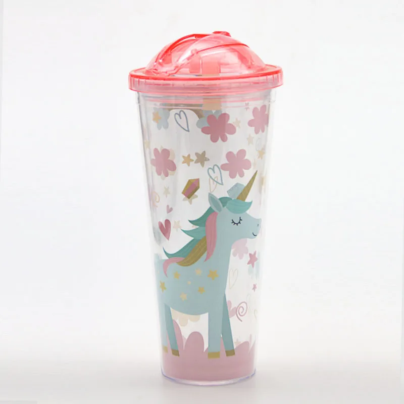 Unicorn Double Wall Insulated Plastic Boba Milk Tea Coffee Cups 650ml Plastic Reusable Bubble Boba Tea Cups With Lids
