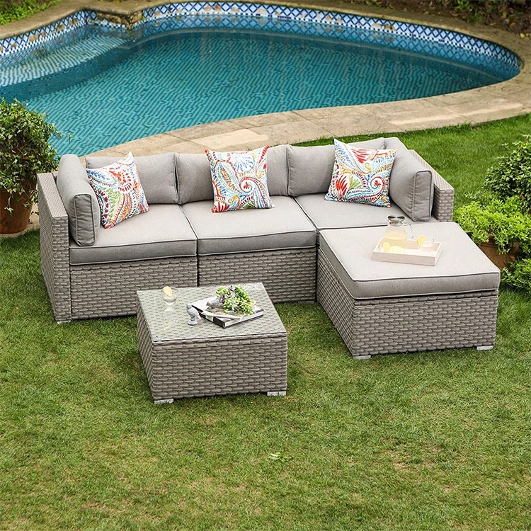
5pcs outdoor furniture sectional set warm grey wicker sofa garden line patio set modular outdoor sofa wicker rattan furniture 