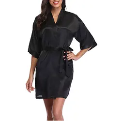 Women Satin Plain Short Kimono Bridesmaids Satin Lingerie Sexy Night Robe Pajamas  Bathrobes Satin Robe Party Pure Silk Robes