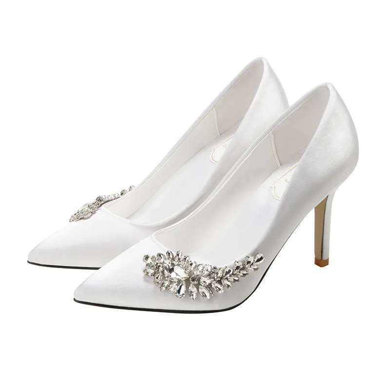 Custom small and large size pointed toe pumps pyramid low heel rhinestones wedding shoes for bride white