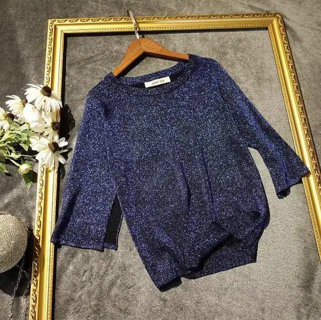 Summer 2022 Bling Half Sleeve Slit T Shirt Women Korean Style Slim Fit Knitted T Shirt Female Korean Fashion Shirt Top