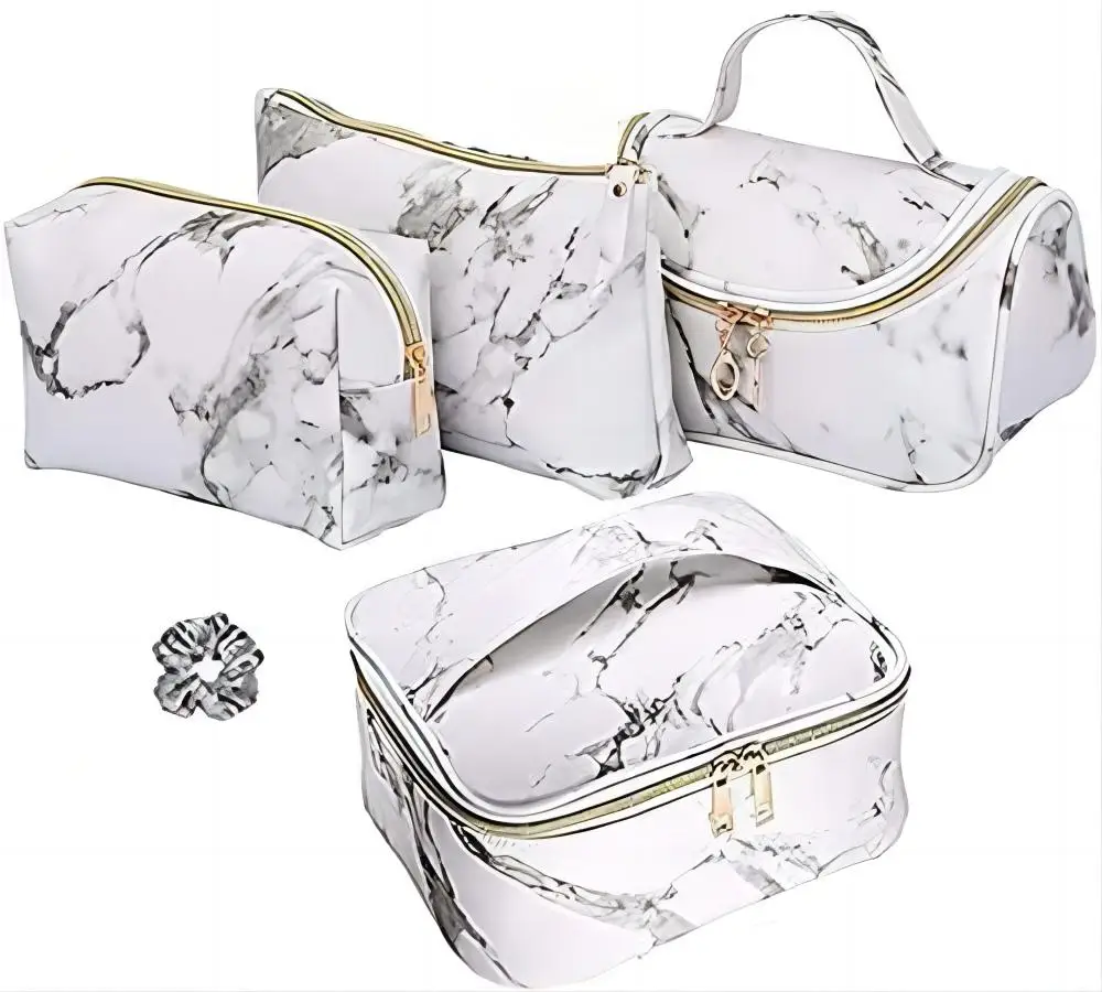 Custom Logo Marble Pattern Zipper Portable Waterproof Toiletry Organizer Travel Makeup Cosmetic Bag