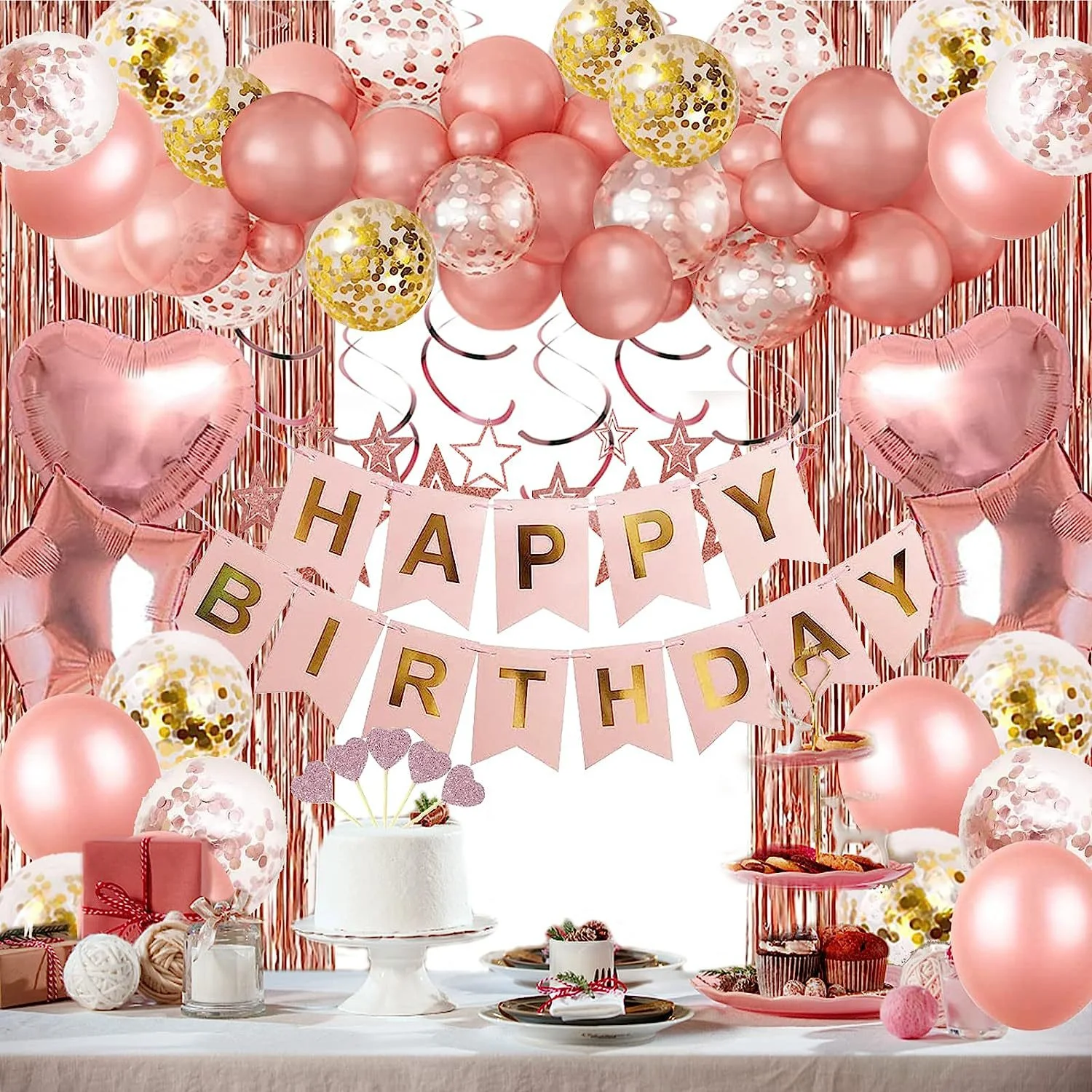 Pink Rose Gold Birthday Decorations Mylar Foil Happy Birthday Banner Confetti Latex Balloons Girls Women Birthday Party Favors