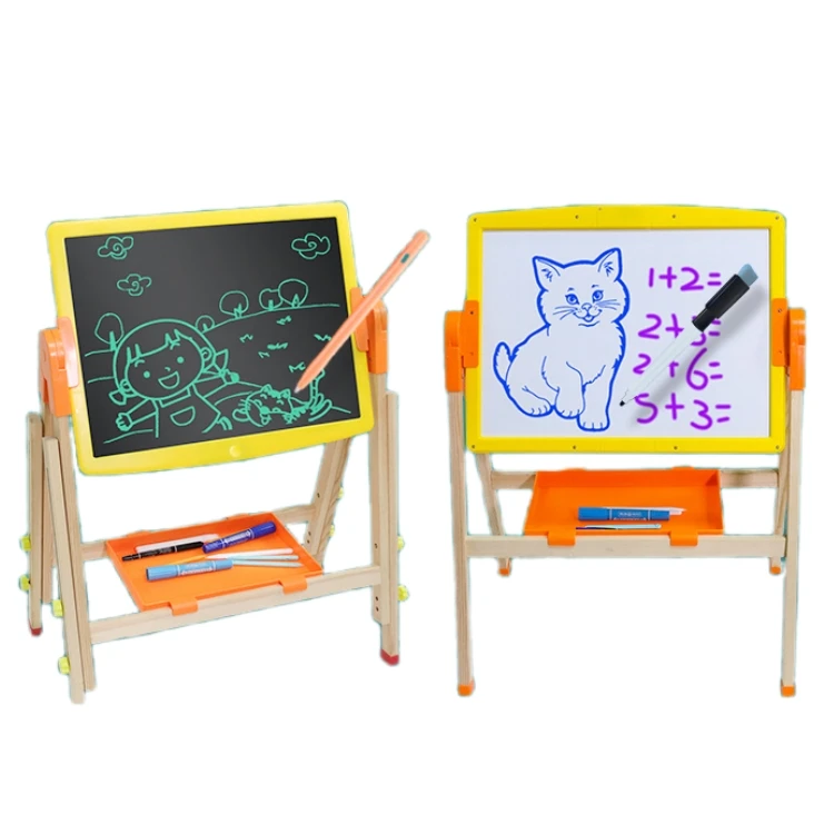 Custom Educational Double Sided Reversible 360 Degrees Folding Standing Wooden Magnetic Drawing Board For Kids