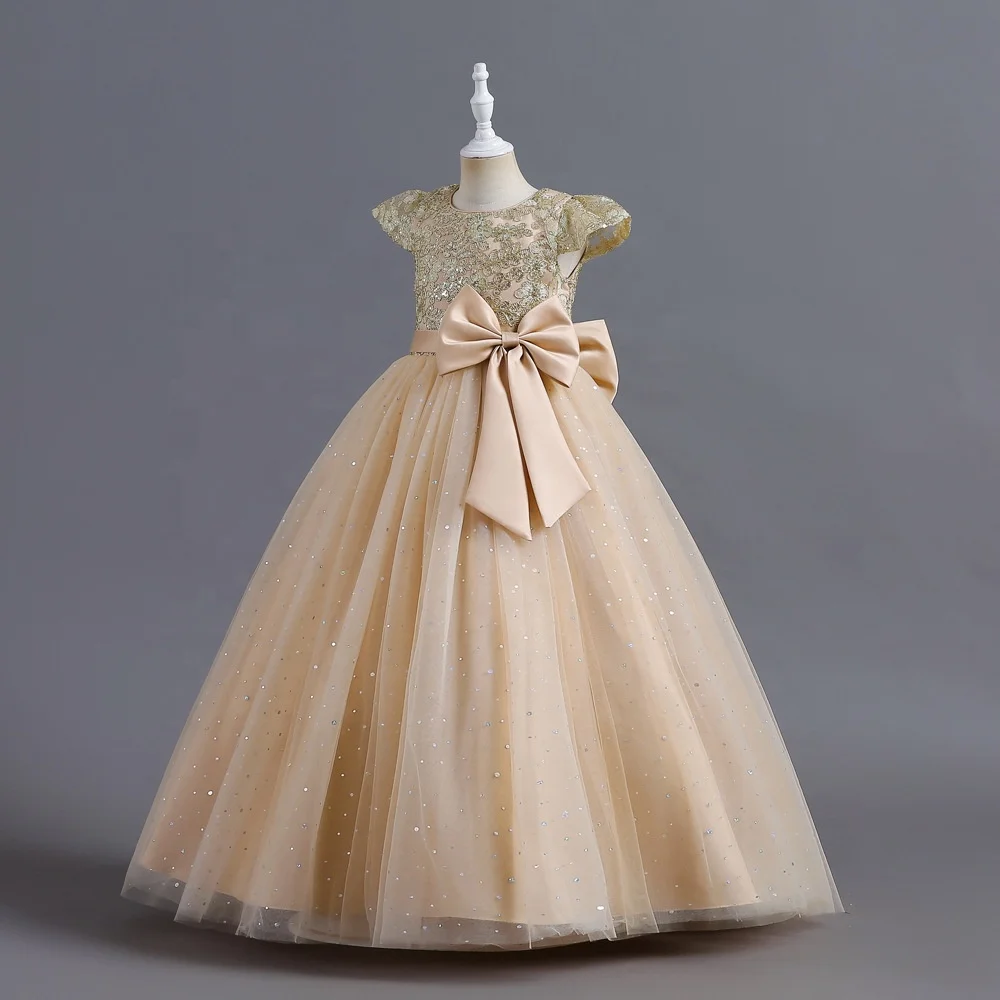 Fashion Satin Top Applique Sequins Short Sleeve Fluffy Tulle Kids Gown Children Wedding Party Little Flower Girls Dresses