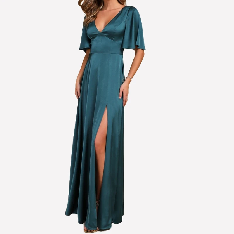 Elegant flutter sleeve v-neck cutout back satin long bridesmaid dresses with front slit