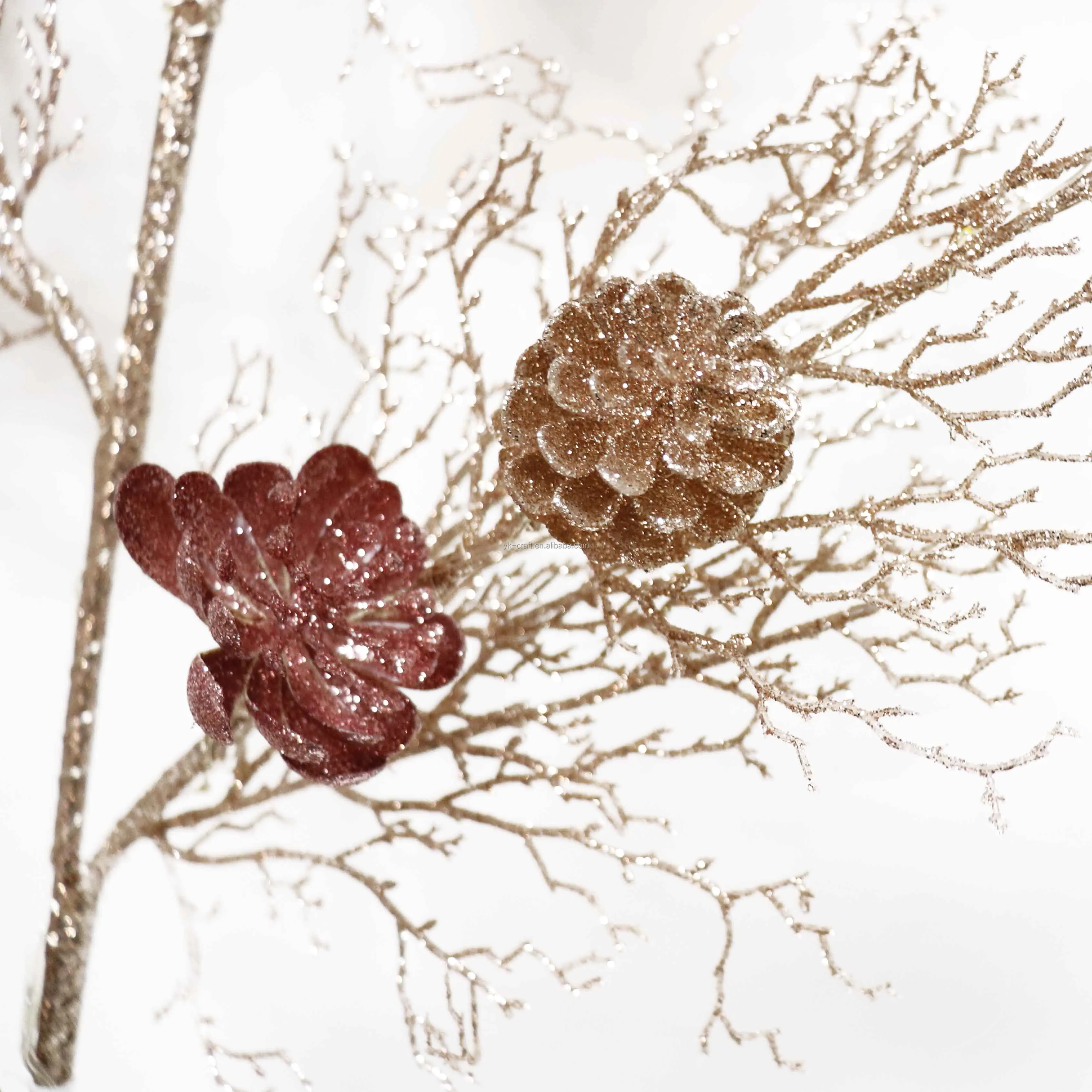 Wholesale Plastic Gold Leaves Picks Pine Cone With Red Flowers Spray Glitter Branch Xmas Decoration Long Pick With Led Lights