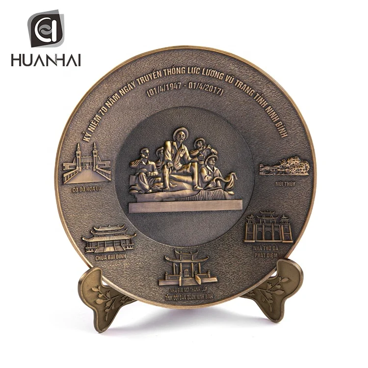 customized antique bronze metal embossed logo 3d award vietnam souvenir plate