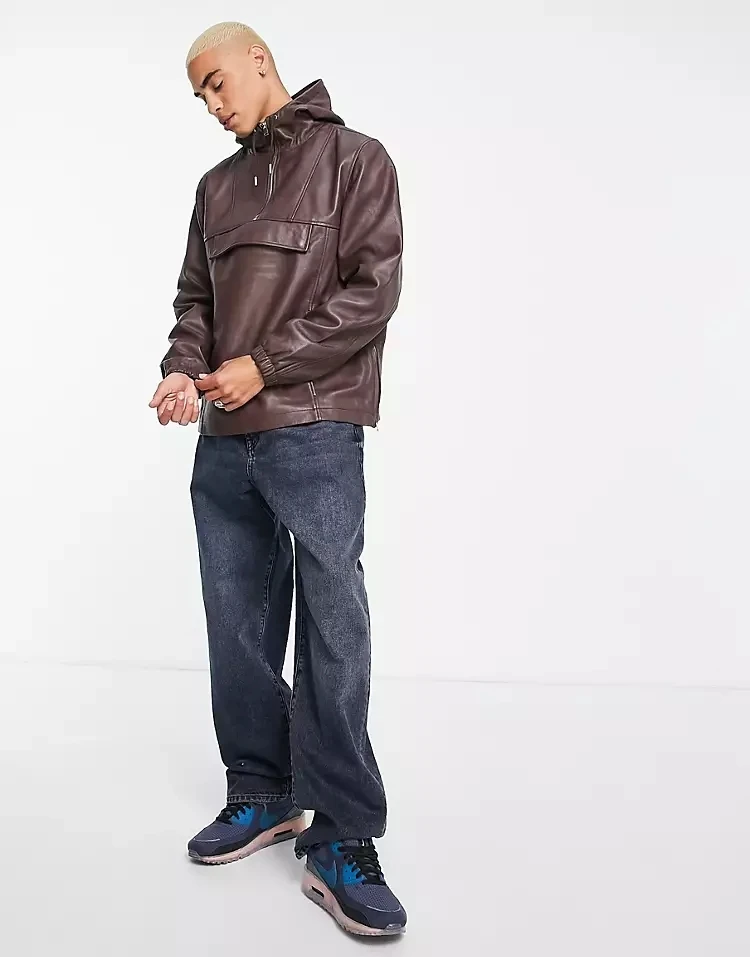 OEM custom logo brown half zipper PU synthetic leather elastic sleeve waterproof windproof trended 80 GSM hoodie for man