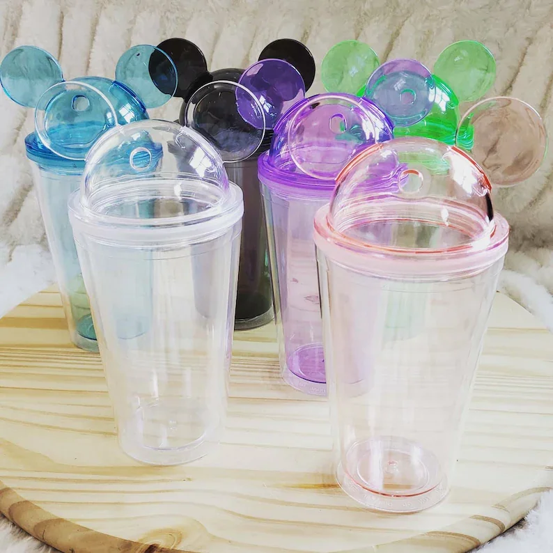 Wholesale 600m/20oz PS/AS Double Wall Mouse Tumbler Plastic Clear Acrylic Juice Tumbler Cups with Lid and Straw