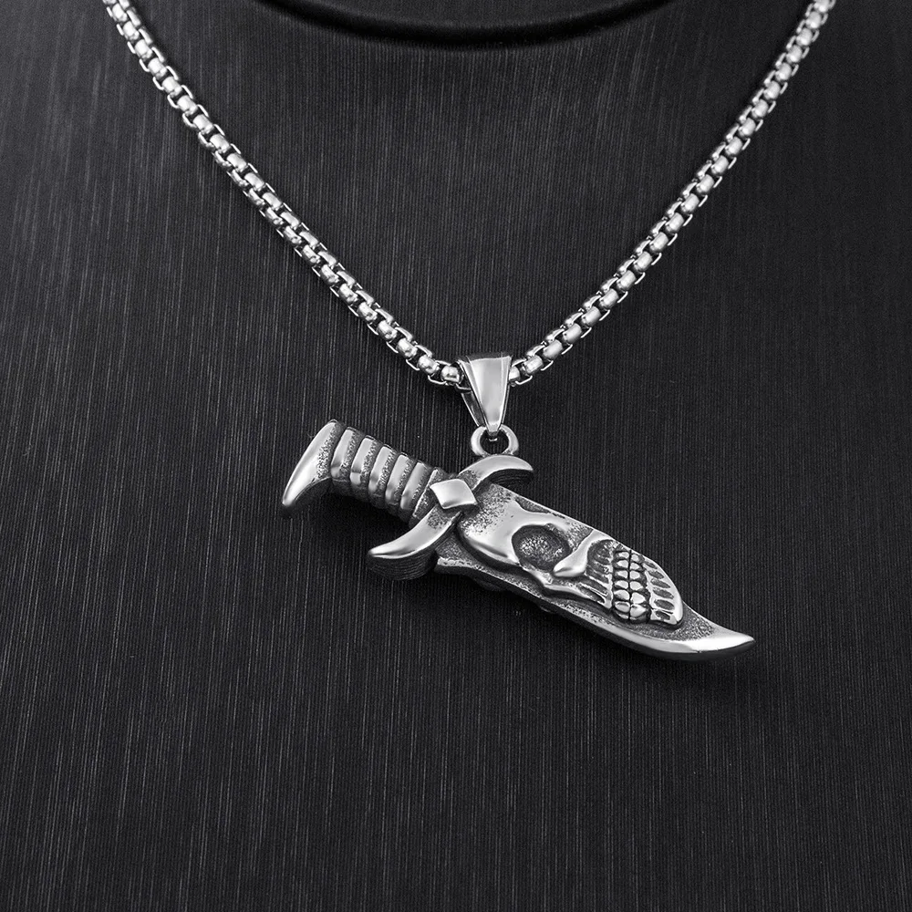 SC Stainless Steel Chain Men Necklace Creative Dagger Necklace Silver Plated Simple Engraved Knife Necklace Punk Jewelry for Men