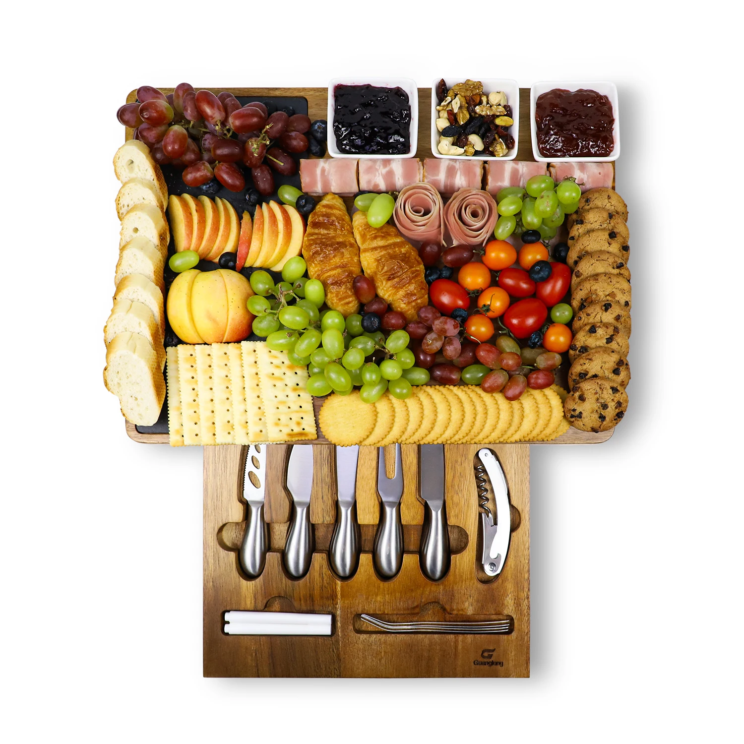 GL Персонализированная большая индивидуальная доска из акации, деревянная мясная доска, доска для сыра с ножами из нержавеющей стали, Сланцы и миски