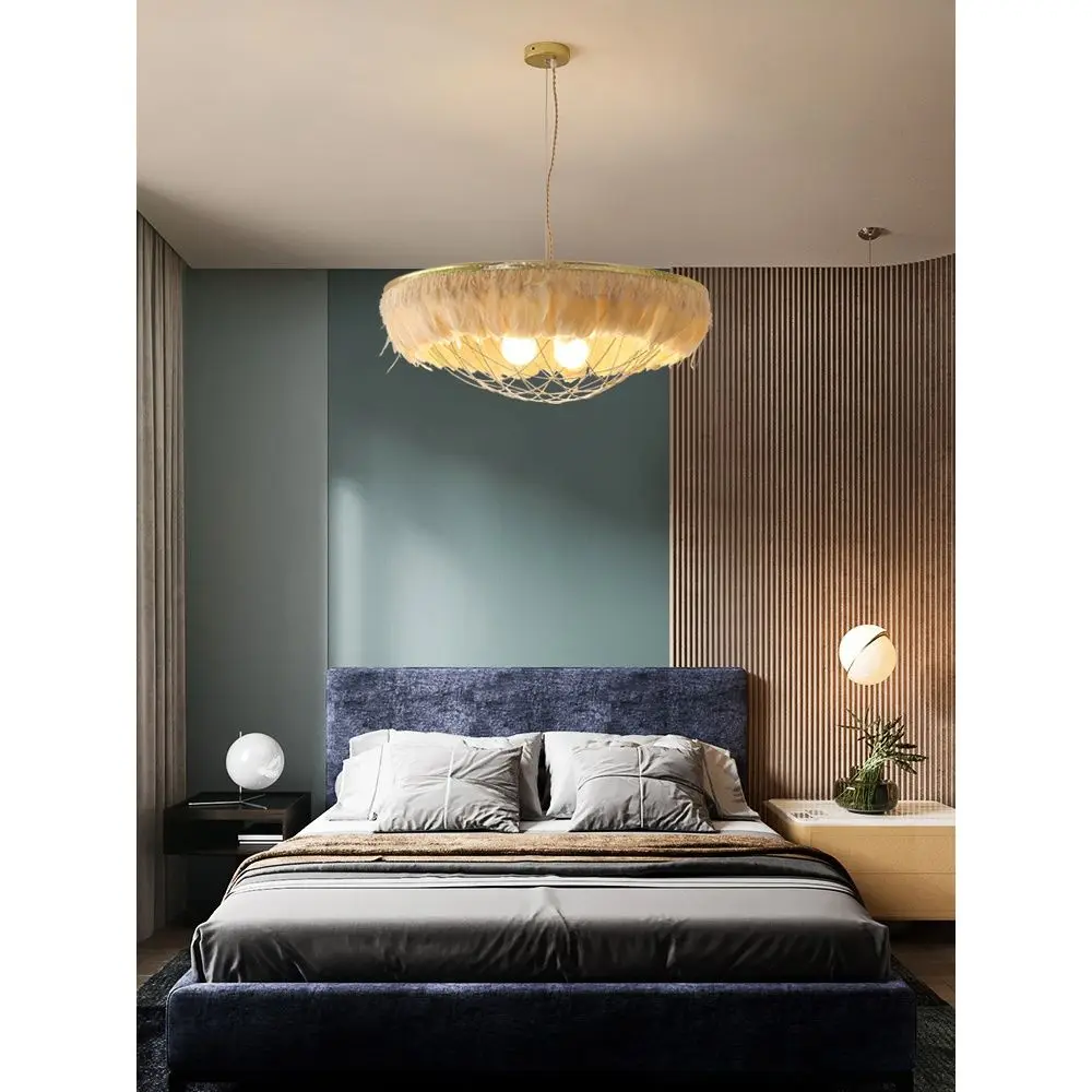 Custom living room light fittings handmade diy art deco style contemporary gold chain black circle led ring feather chandelier